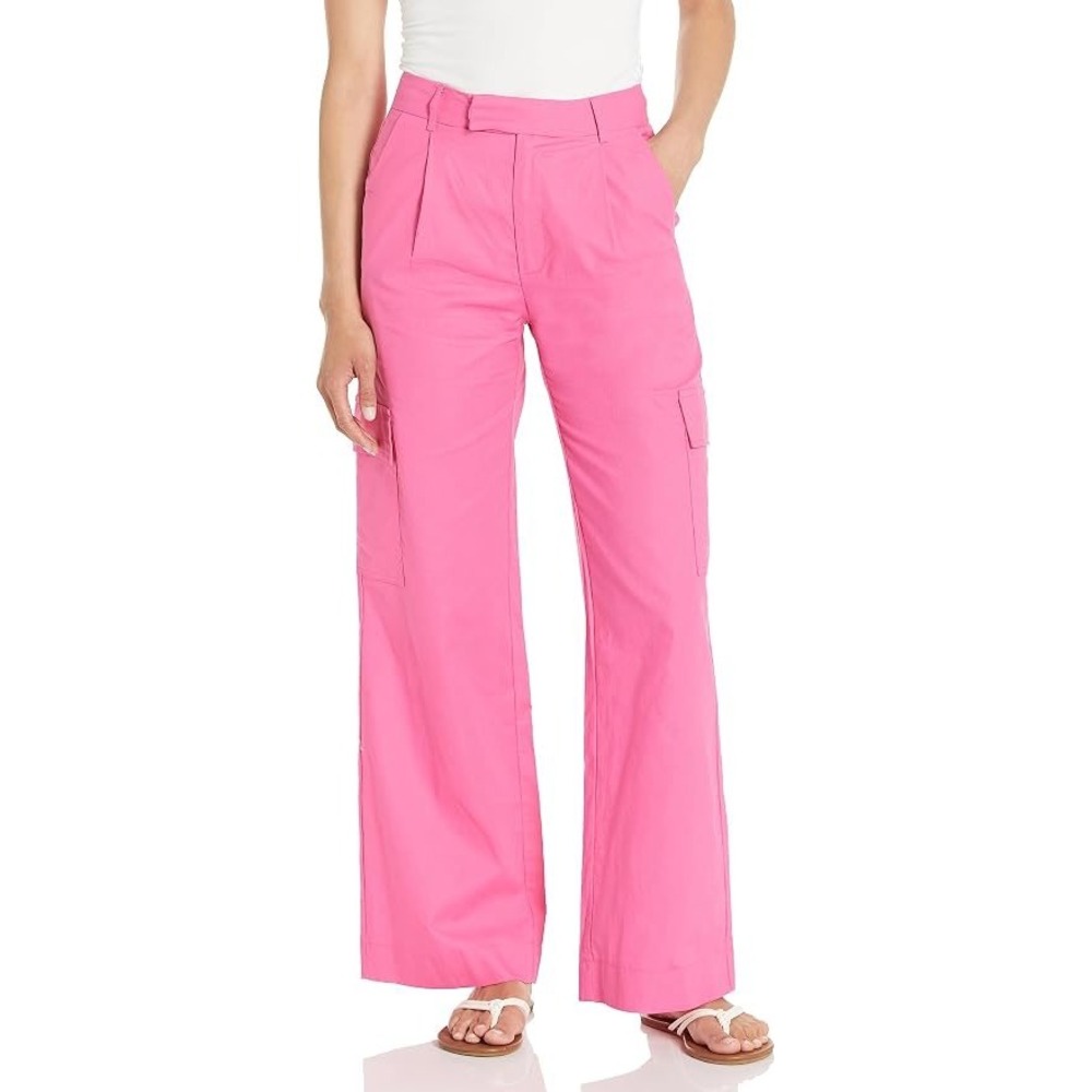 NIA Pink Linen Blend Cargo Pants High Waisted Straight Leg Pleated Trousers M
